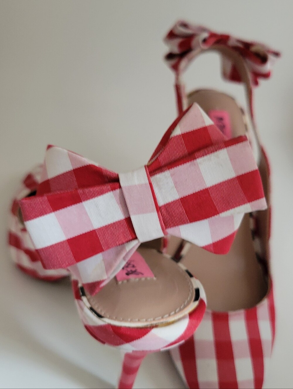 Betsey Johnson Ginjet Red and White Gingham Slingback Heels with Ankle Bows - Picture 4 of 11
